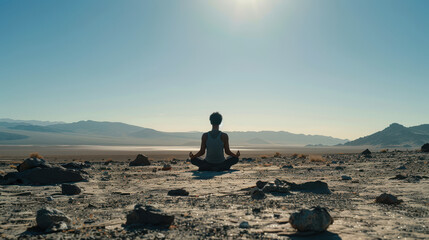 Person meditating at sunrise in desert.