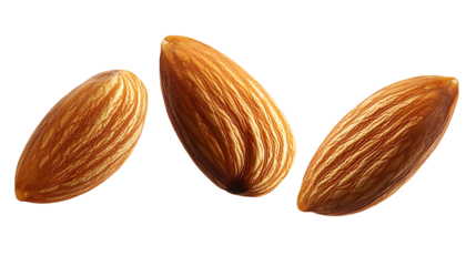 Three Whole Almonds Arranged in a Triangular Pattern, Isolated on a Transparent Background with a PNG File Format.