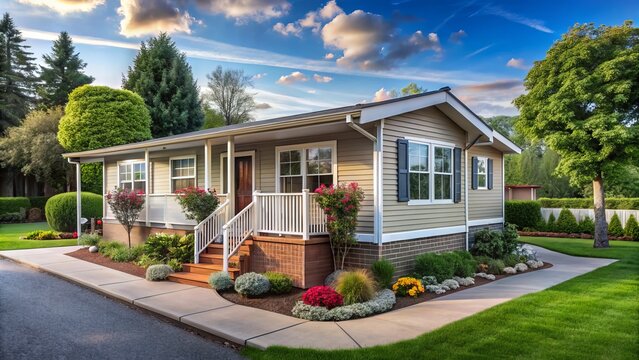Modern manufactured home nestled in a tranquil residential neighborhood, surrounded by lush greenery and a charming