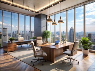 Fototapeta premium Modern office design features spacious interior, elegant furniture, and expansive windows overlooking the city skyline,