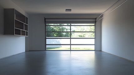 Obraz premium A realistic image of a spacious, empty garage with a clean, open layout. There are no vehicles or items inside. 