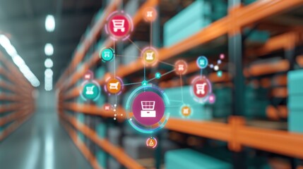 A warehouse filled with shelves of goods, with a digital overlay of data analytics metrics and supply chain technology icons.
