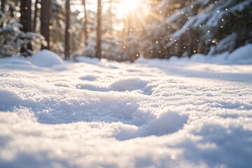 Winter Wonderland: Sunlight Glistening on Fresh Snow in Forest