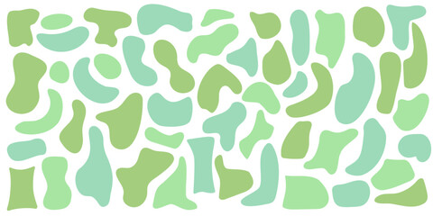 Set of organic irregular green blob shapes. Random deform spot fluid circle Isolated on white background. Organic amoeba Doodle drops Retro vector elements. Abstract rounded forms Vector illustration