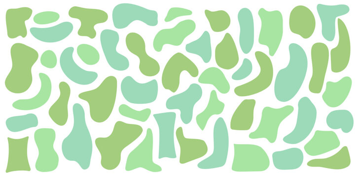 Set of organic irregular green blob shapes. Random deform spot fluid circle Isolated on white background. Organic amoeba Doodle drops Retro vector elements. Abstract rounded forms Vector illustration