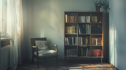 Cozy reading nook with vintage bookshelf and chair.