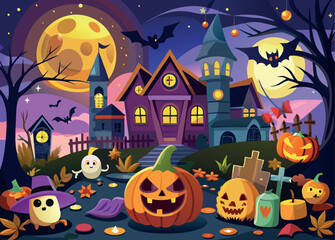 A Halloween scene with a castle, a witch, and bats. Scene is spooky and eerie