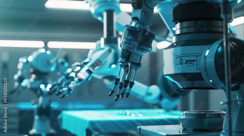 Poster a close-up of advanced robotic arms in a modern laboratory setting, showcasing technology and innova