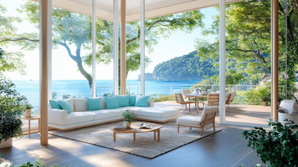 Fototapeta premium A serene, open-concept living space with large windows, stylish furniture, and a breathtaking view of the ocean and lush greenery outside.