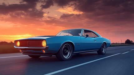 Classic Car on an Open Road at Sunset