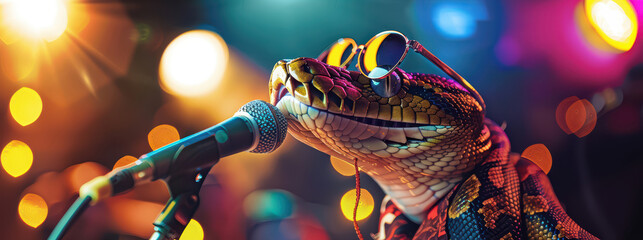 A colorful scene featuring a charismatic snake performer at a vibrant music event, captivating the audience with its unique style.