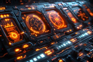 Futuristic control panel with glowing orange holographic displays showing circular interface elements and digital readouts for sci-fi technology or spacecraft navigation system.