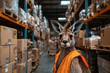 A captivating image of a kangaroo wearing an orange vest, standing in a well-organized warehouse filled with boxes, representing a whimsical blend of wildlife and human environments.