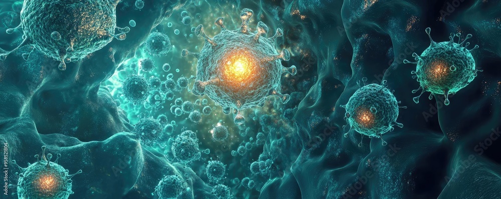 Poster abstract representation of microscopic cells with glowing elements, showcasing intricate biological 