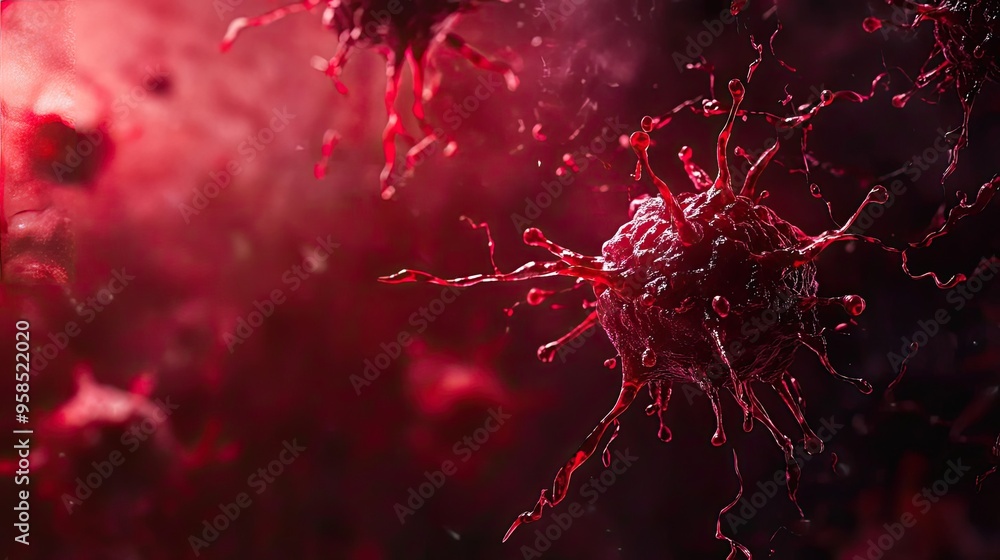 Poster close-up view of a virus cell in a vivid red background, illustrating the complexity and detail of m
