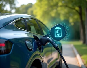 Electric car connected to EV charger cable from charging station displays smart digital battery status in eco-friendly park