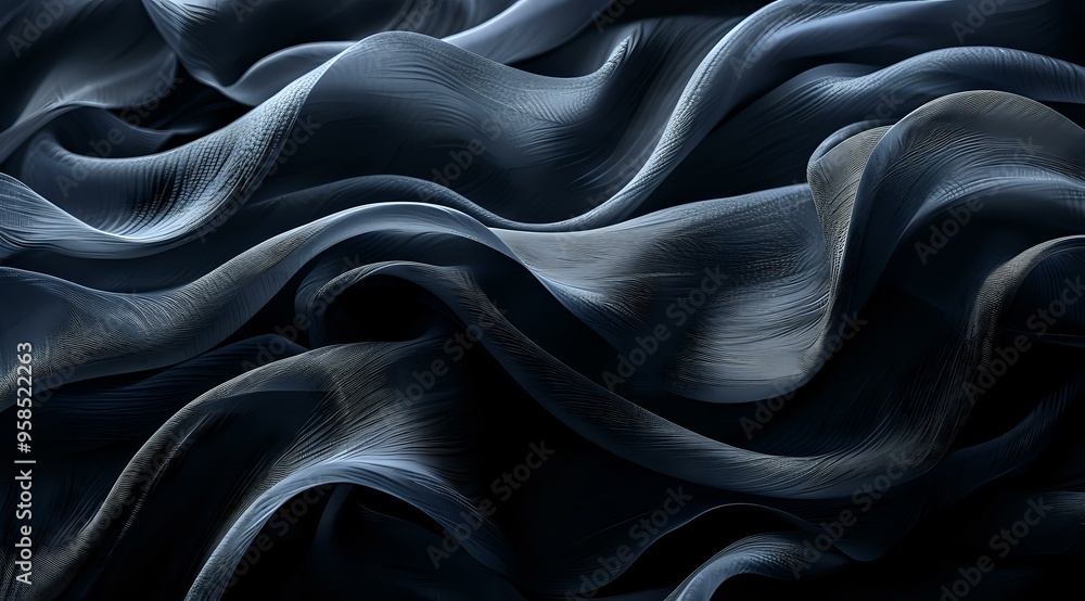 Poster an abstract close-up of dark flowing fabric with intricate folds and texture, creating a sense of de