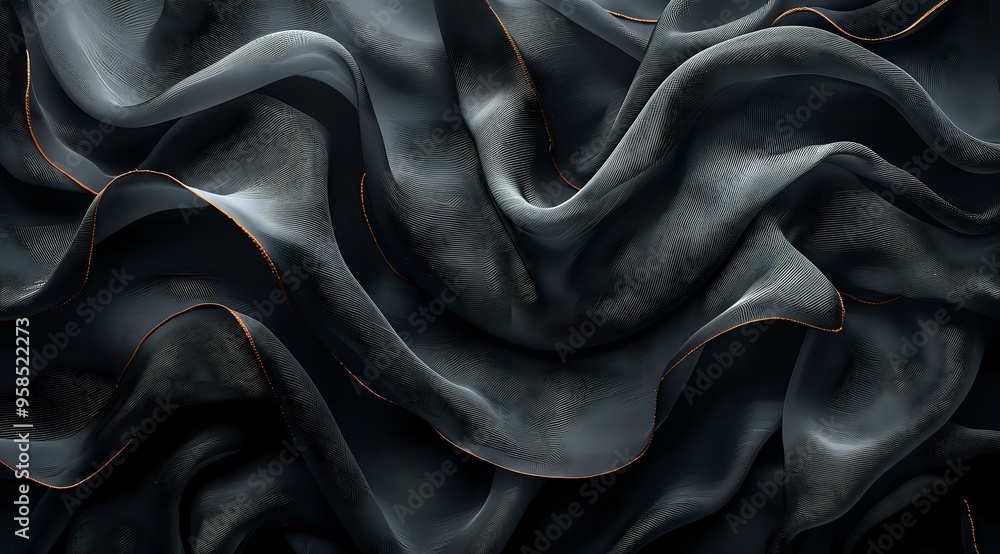 Poster an abstract close-up of dark flowing fabric with intricate folds and texture, creating a sense of de