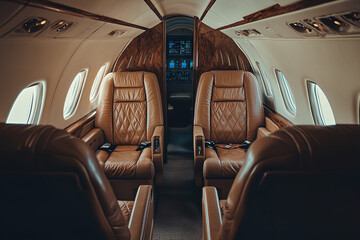 Fototapeta premium Exclusive Interior of a Private Jet with Elegant Leather Seating 