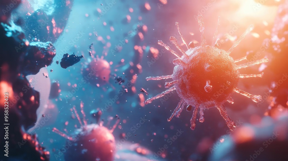 Poster abstract representation of a virus in vibrant colors showcasing intricate details and a dynamic back
