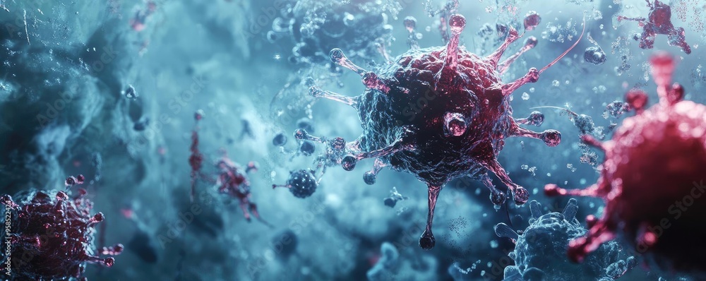 Poster dynamic close-up of virus particles in an abstract space, showcasing their intricate details and vib