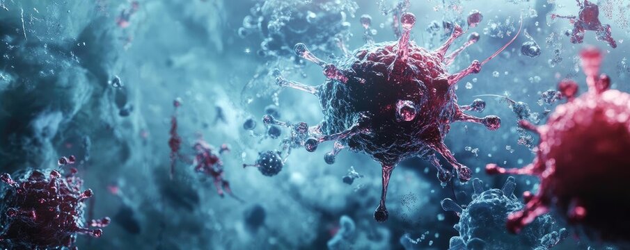 Dynamic close-up of virus particles in an abstract space, showcasing their intricate details and vibrant colors. A visual exploration of microbiology.