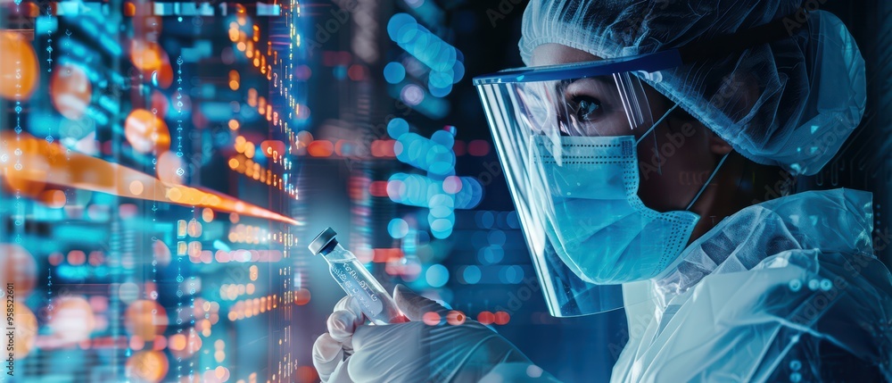 Poster a focused scientist in protective gear conducting research in a laboratory with advanced technology 