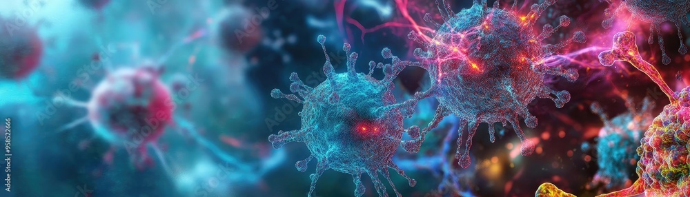 Poster abstract visualization of virus structures in vibrant colors, showcasing scientific concepts of micr