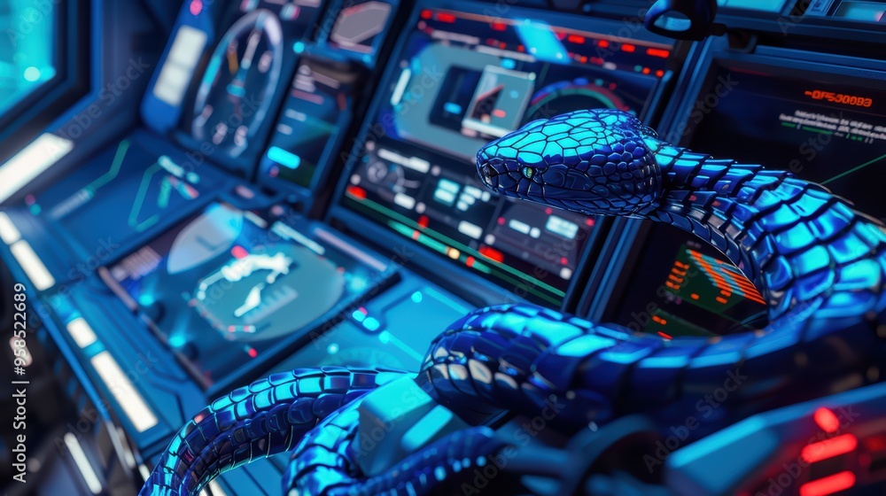 Poster a futuristic control panel with intricate electronics and a metallic snake coiling around the consol