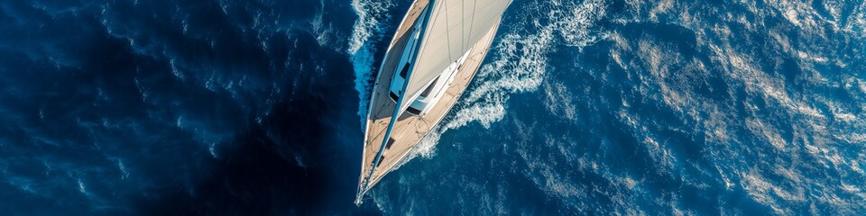 Obraz premium A boat is sailing in the ocean with a blue sky in the background. The boat is the main focus of the image, and it is moving smoothly through the water