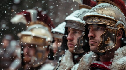 Photo of a realistic Roman soldier in armor under the snow. Biblical characters. Historical characters.