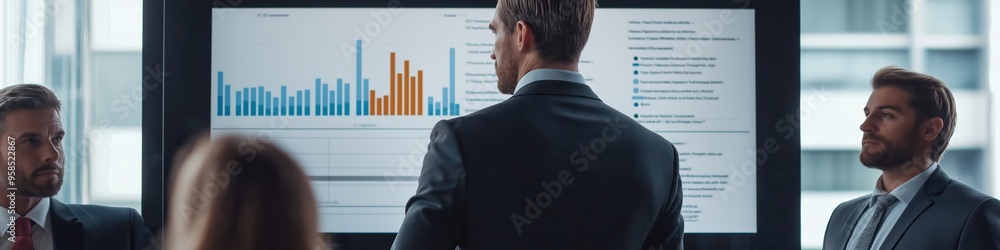 Poster a man stands in front of a large monitor displaying graphs and charts. he is surrounded by other men