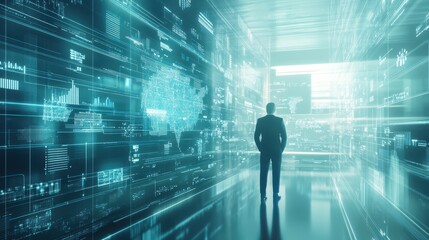 A solitary figure stands in a futuristic corridor surrounded by digital data, symbolizing technology and innovation.
