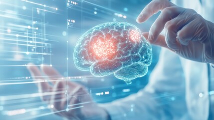 A futuristic representation of a human brain with digital elements symbolizing advanced technology and neuroscience.
