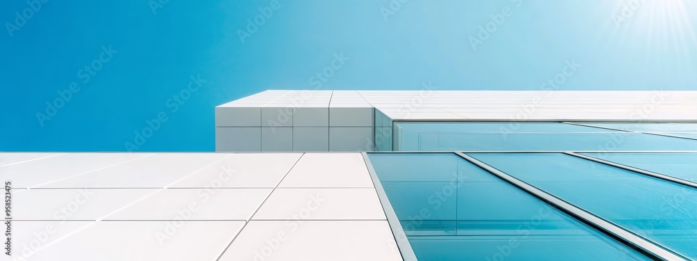 Poster a modern white building with clean lines and sharp angles, soft sunlight casting subtle shadows