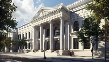 Obraz premium Neoclassical Building with Columned Entrance and Street View
