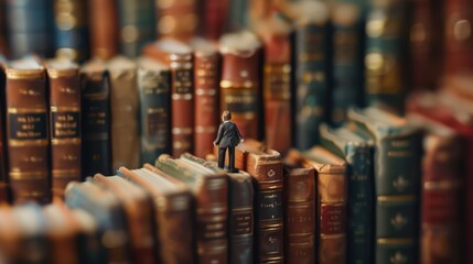 A miniature figure stands atop towering books, symbolizing knowledge and exploration in a vast literary world.