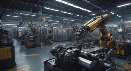 A futuristic metropolis where humans and robots live side by side, Industrial robot works automatically in smart autonomous factory, Engineer check and control welding robotics automatic arms machine 