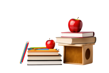 Wooden school desk with a stack of textbooks, isolated on white background