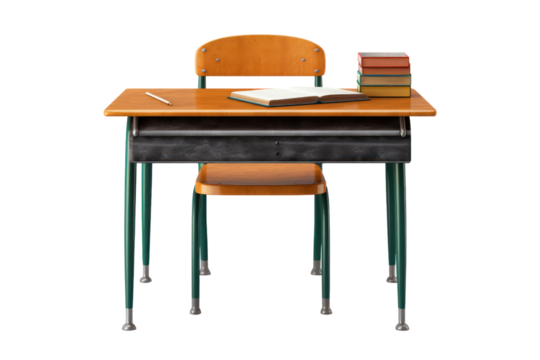 Vintage school desk with an ink pen, isolated on white background