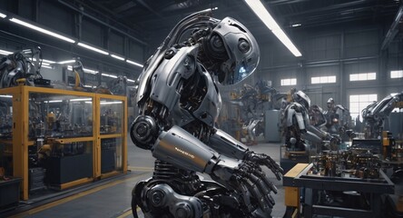 Fototapeta premium A futuristic metropolis where humans and robots live side by side, Industrial robot works automatically in smart autonomous factory, Engineer check and control welding robotics automatic arms machine 