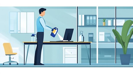 Obraz premium Office Worker Disinfecting a Workplace