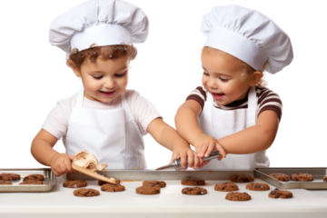Two kids wearing aprons and chef hats, carefully placing cookie isolated on white background