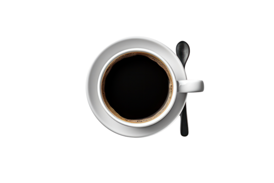 Top view of a steaming espresso coffee isolated on white background