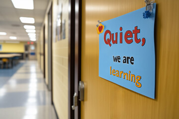 A close-up view of a classroom door featuring a blue sign with the words "Quiet, we are learning" . The educational setting's atmosphere, promoting focus and learning.