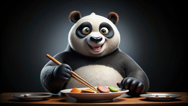 Kung Fu Panda enjoying sushi with chopsticks on a sleek black background, kung fu panda, sushi, chopsticks