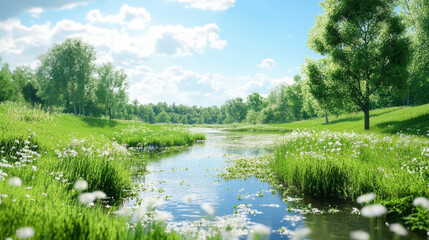 Fototapeta premium A tranquil, sunlit meadow with a serene creek flowing through lush green grass and blossoming wildflowers under a bright, partly cloudy sky.