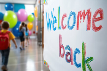 A colorful handwritten "Welcome Back" sign is displayed in a school hallway. In the background, children are walking, with large colorful balloons. The joyful return to school after a break.