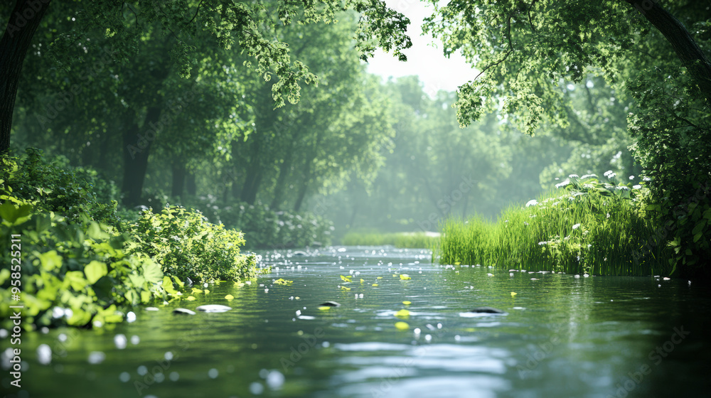 Poster a serene forest stream surrounded by lush greenery and sunlight filtering through the trees, creatin
