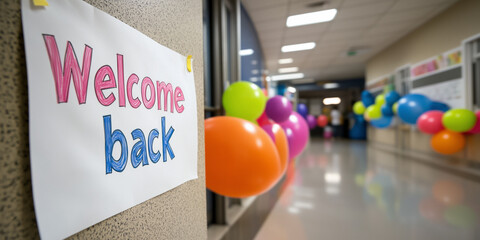 A handwritten "Welcome Back" poster on a hallway wall,  with colorful balloons. The festive, celebratory  of a school event or the first day back, with a blurred background of a school hallway